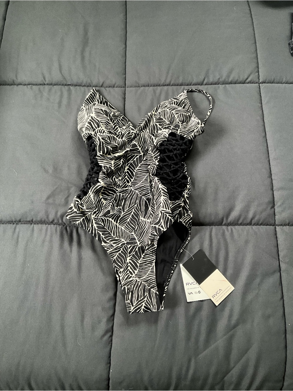 NWT! RVCA Black and White Leaf-Pattern One-Piece Swimsuit